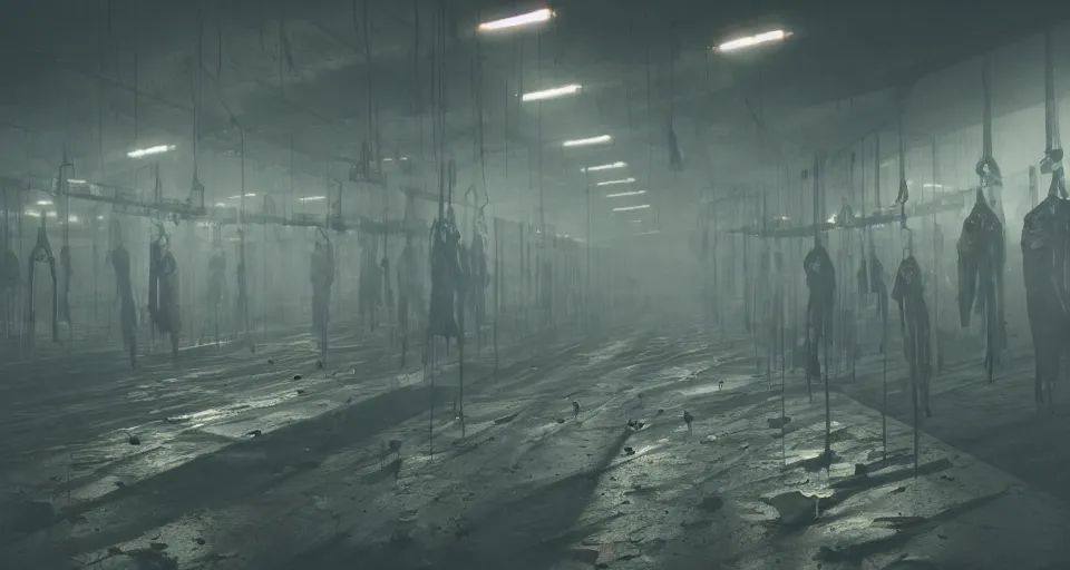 Image similar to illustration of rows of limp bodies hanging on hooks in a cold warehouse, products, rolling fog, cyberpunk, dystopian, dramatic lighting, unreal engine 5