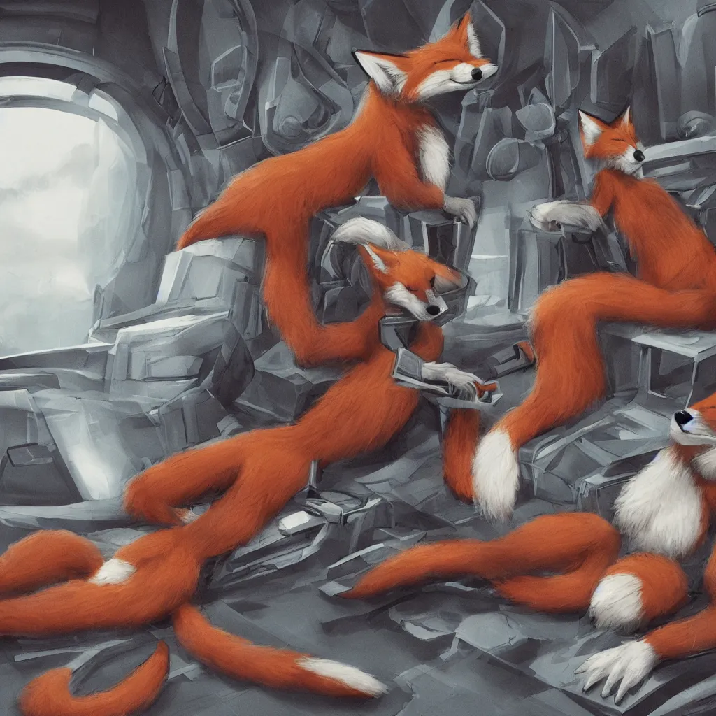 Prompt: anthropomorphic, furry, anthro, fox lounging in a futuristic hotel, film scene