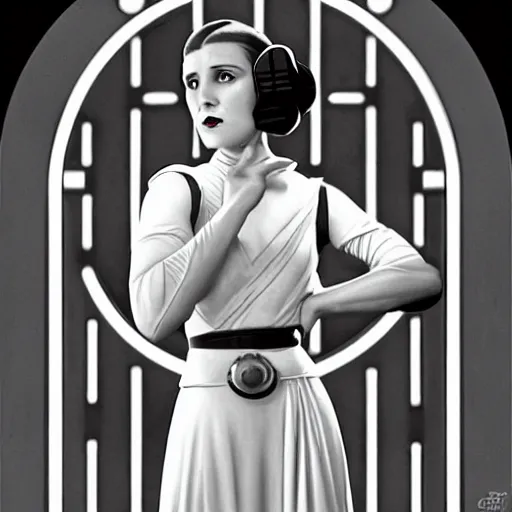 Image similar to princess leia, 1 9 3 0 s goddess, in front of round, art deco death star window, iconic, decorated by fritz lang and ralph mcquarrie, hyperrealistic full figure, by george tooker, fantasy art, intricate detailing, dynamic lighting, artstation, full figure poster, very detailed face, 4 k,