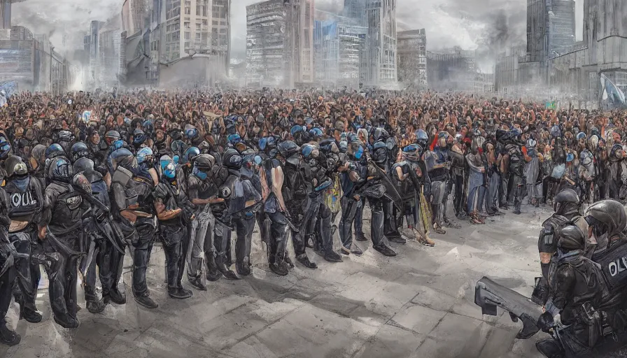 Prompt: few police lined up, standing against the crowd of protesters with blank posters, сlear sky, concept art, intricate details, highly professionally detailed,, highly detailed -