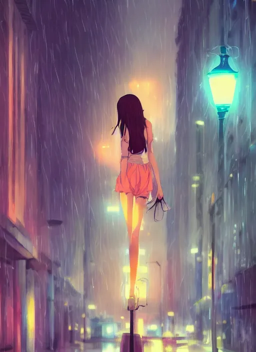 Image similar to listening to music at 2 am, night, pretty girl, pose, rain, lofi, lofi, peaceful, street light, anime key visual, poster, street wears, anime, by wlop, high quality, 4 k, trending, trending on artstation