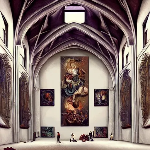 Prompt: giant medieval great hall room with walls filled with modern art paintings, doors that are cosmic portals, painting by Artgerm
