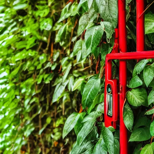 Prompt: photo realistic, high level of detail, high resolution, 3 5 mm lens : ( subject = red steel pillar + ( object = vines + object detail = green, lush ) ) + ( perspective = diminishing scale + low focal point, low focus distance )