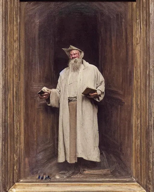 Prompt: Solomon Joseph Solomon and Richard Schmid and Jeremy Lipking victorian genre painting portrait painting of a old rugged actor wizard wearing a wizard hat and robe from the hobbit holding a book and standing in front of an ancient wooden door