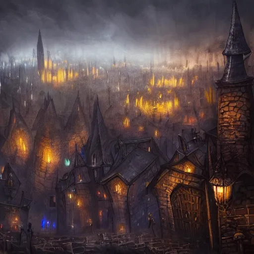 Image similar to fantasy dark medieval cityscape, painting, drone shot, lights in the dark, lanterns, fog, people in the streets, sharp roofs, small buildings, city wall, smoke, dark fantasy, magic the gathering, fantastic artwork, 4 k, trending on artstation, by greg rutkovski, high fantasy, barren landscape, fountains of blood