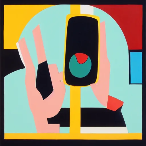 Image similar to A painting of a hand holding a telephone, abstract painting in the style of Sophie Taeuber-Arp and Gary Hume and Tatsuro Kiuchi, flat colour-block style, geometric abstraction, dark earthy colours