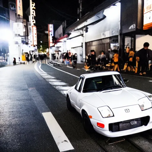 Image similar to A gorilla drifting at night in the streets of japan with a white mazda miata 1990