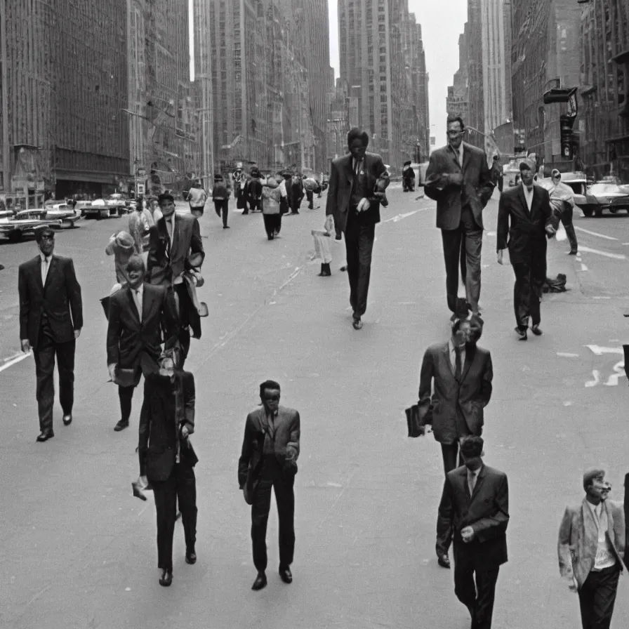 Prompt: a group of men walking down a street next to tall buildings in new york, ultra detailed hyper realistic lifelike, photographed on colour film, 1 9 6 0 s, photo taken with ektachrome, featured on flickr, film grain