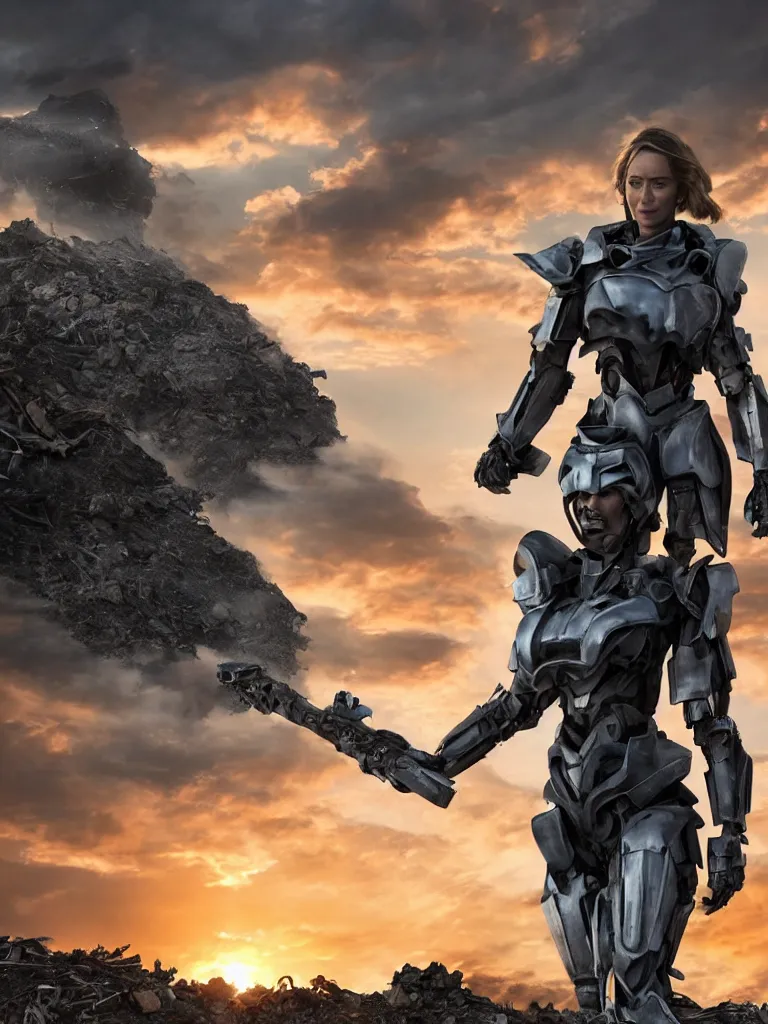 Image similar to emily blunt in futuristic power armor, solitary figure standing atop a pile of rubble, sunset and big clouds behind her