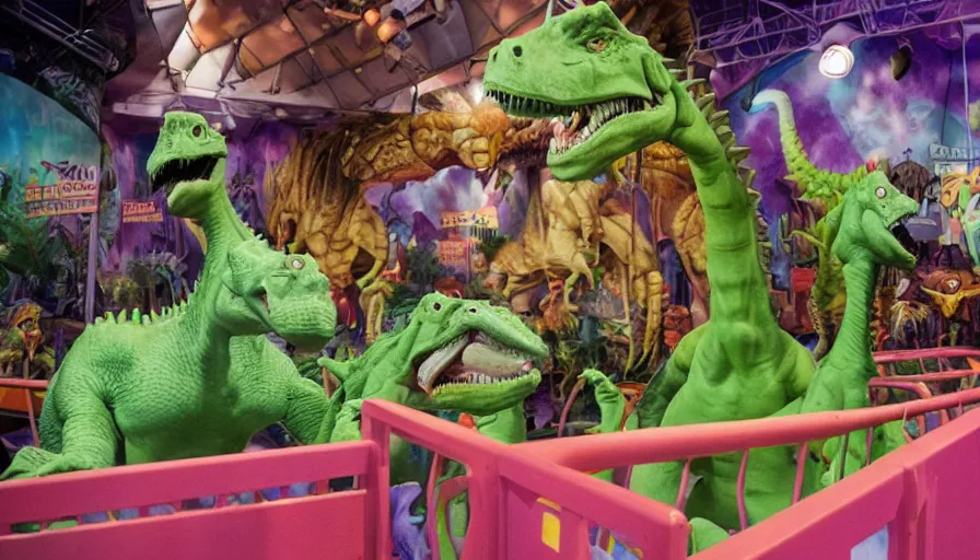 Image similar to 1990s photo of inside the Rugrats Battle Reptar show ride at Universal Studios in Orlando, Florida, children riding in baby walkers battling Reptar a giant animatronic dinosaur, cinematic, UHD