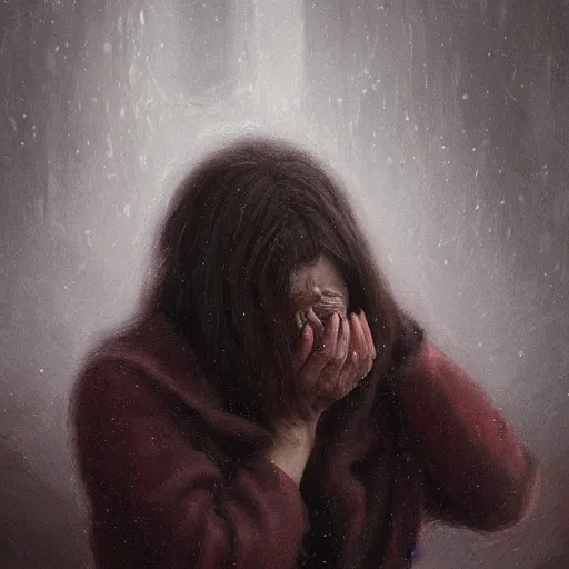 Image similar to woman sitting crying, dark night, cold weather, emotional oil painting, digital art, trending on artstation, highly detailed, landscape