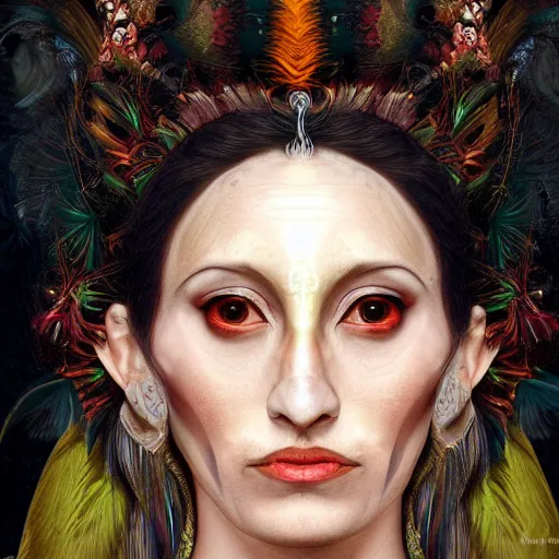 Image similar to portrait, headshot, digital painting, of Mother Ayahuascaa as a 10th century beautiful female Royal, dark hair, tropical feathers, seashells, teeth, claws, baroque, ornate clothing, scifi, futuristic, realistic, hyperdetailed, chiaroscuro, concept art, art by caravaggio