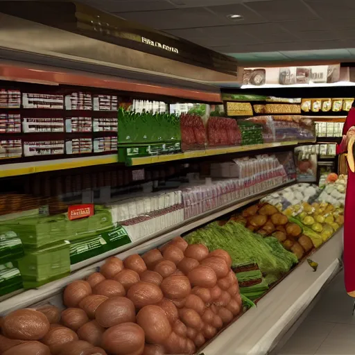 Image similar to mid shot of an realistic jesus buying groceries at the store, shot by amanda carlson and alex strelkovv, professional photo, masterpiece, very detailed, hyper - realistic, unreal engine, straight face, cinematic, 4 k