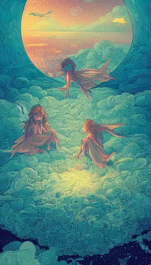 Prompt: little luminous fairies lounging on top of cosmic cloudscape at sunset, futurism, dan mumford, victo ngai, kilian eng, da vinci, josan gonzalez