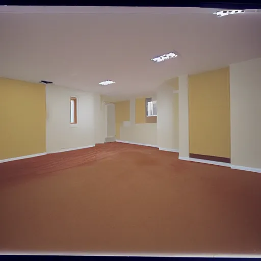 Image similar to a wide - shot photo of dry walls positioned randomly in between cross - sections of rooms. the walls are plastered in only mono - yellow, rectangular florescent lights randomly arranged on a drop - down ceiling, and a old, tan - brown carpet across the floor snaking in between the cross - section walls. taken on a 1 9 9 1 polaroid camera