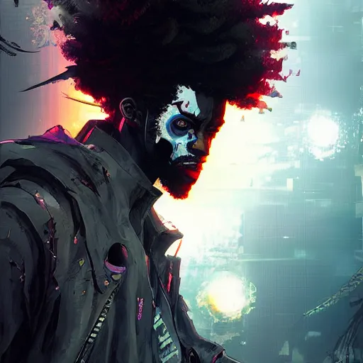 Prompt: afro samurai with menacing robotic eyes, Apex Legends character, digital illustration portrait design, by android jones and greg rutkowski in a cyberpunk style, retrowave color scheme, detailed, cinematic lighting, wide angle action dynamic portrait