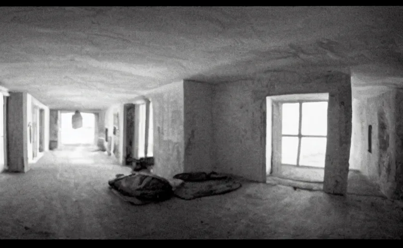 Prompt: screenshot photo low angle interior of a house built on nothing and something for the nothing underneath, scene from being john malcovich film directed by charlie kaufman ( 2 0 0 1 ), moody cinematography, 2 4 mm anamorphic lens, 3 5 mm film