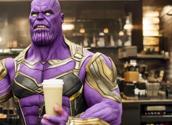 Image similar to film still of Thanos as a baristaat Starbucks in Avengers Infinity War, 4k