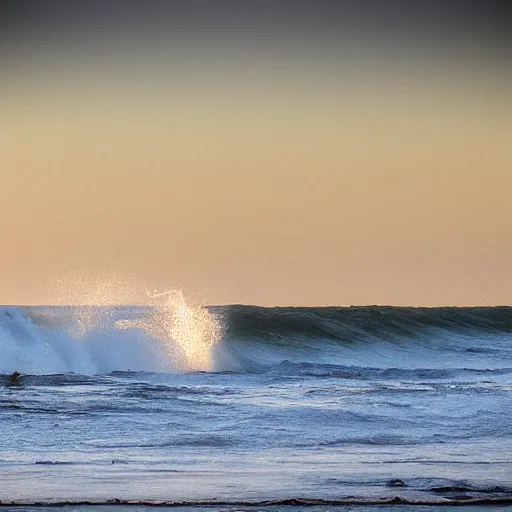 Image similar to perfect wave breaking in shallow clear water front view, hollister ranch, offshore winds, kelp, islands on horizon, oil dereks on horizon, late afternoon, fall, central california