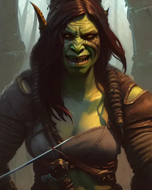 Prompt: a female orc rogue | | realistic shaded, dungeon and dragons, fine details, realistic shaded lighting poster by greg rutkowski, magali villeneuve, artgerm, jeremy lipkin and michael garmash and rob rey