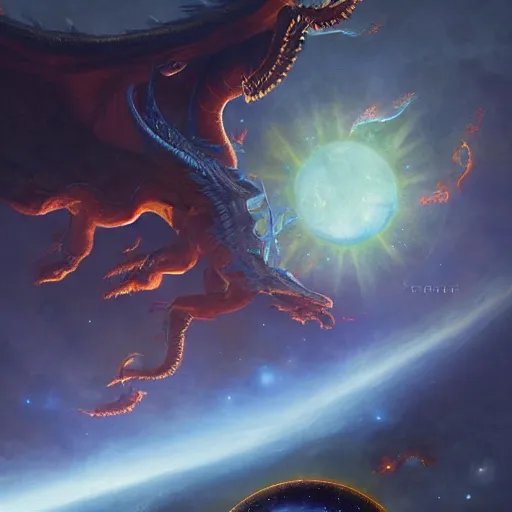 Image similar to Chrystalline blue dragon devouring a planet, space, sun system, nebula, oil painting, by Fernanda Suarez and Edgar Maxence and Greg Rutkowski