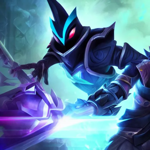 Prompt: Veigar from League of Legends holding a gun at Zed from League of Legends