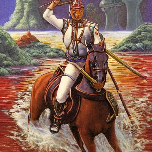 Prompt: a exotic metro pollynsdian warrior riding a horse through a river, painted by jorgihno gisbana and takashi tokyo, style of ultra capitalism surealism