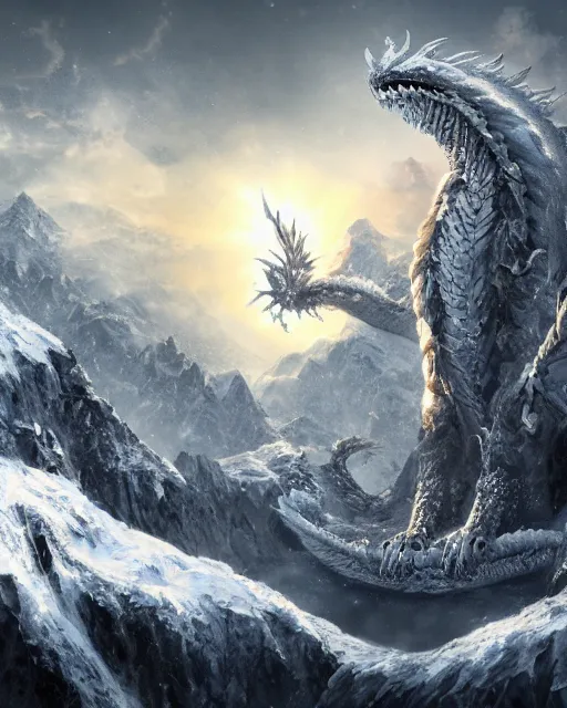 Image similar to giant snow dragon standing on a snowcapped mountain, highly detailed, 4 k, hdr, award - winning, directed by zack snyder, trending on art station, matte