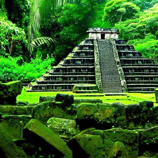 Image similar to a photo of a aztec temple in a rainforest