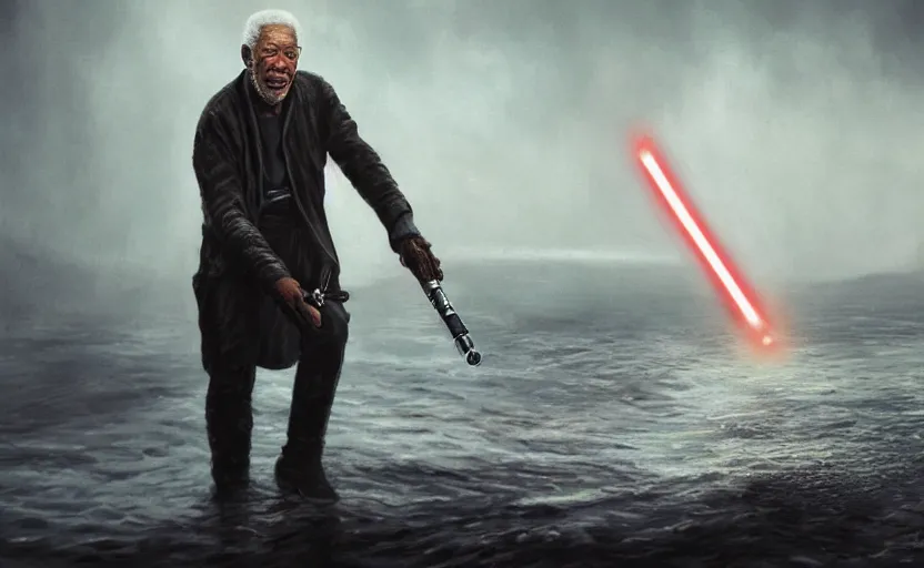 Image similar to morgan freeman holding a lightsaber, water landscape, dramatic lighting, cinematic, establishing shot, long full body shot, extremly high detail, photorealistic, cinematic lighting, post processed, concept art, artstation, matte painting, style by greg rutkowsky