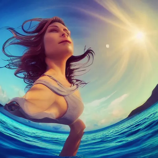 Image similar to selfie!!!!! of a woman with gorgeous hair flowing in the wind, in the middle of the ocean!!!!!, first - person view, fisheye!!!!! lens!!!!!, photorealistic image, trending on artstation, 4 k, 8 k