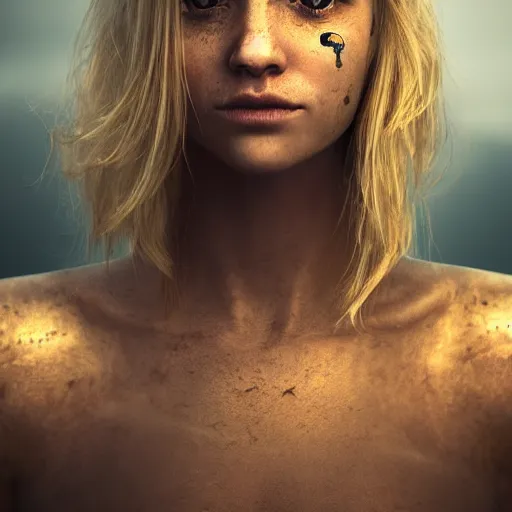 Prompt: a beautiful blond girl with human face and cyborg body standing on top of a pile of sculls, pretty face, perfect face, fine details, 8 k, shallow depth of field, moody lighting, cinematic lighting,