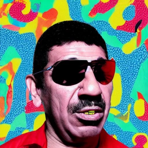 Image similar to omar souleyman in the style of daniel johnston and outsider art, 4k, overlaid with arabic text