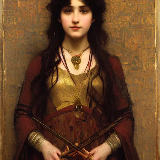 Prompt: orientalist portrait of a tired magical girl in formal wear holding an oak wand intricate portrait by john william waterhouse and Edwin Longsden Long and Theodore Ralli and Henryk Siemiradzki, very coherent symmetrical artwork. Cinematic, hyper realism, high detail 8k