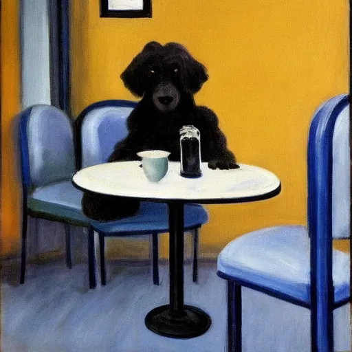 Image similar to Black Goldendoodle with a bright face and a puppy sitting at a diner drinking a cup of coffee, looking melancholy, edward hopper