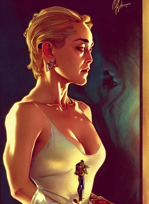 Image similar to young sharon stone as a serial killer queen, incredibly detailed face, light half opened dress, true anatomy, art by artgerm and greg rutkowski and alphonse mucha