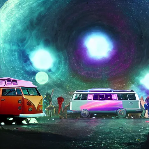 Image similar to bizarre interdimensional scene of a time-traveling VW microbus loaded with space hippies jaunting through a wormhole into the unknown. ultra-wide shot, detailed, trending on artstation, light effect, 8k, unreal engine 5, epic, masterpiece, highly detailed