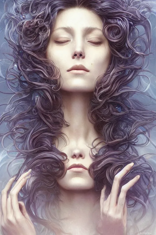 Prompt: wind blowing hair!!! meditation! a celestial psychedelic being, dreaming of the void, bust portrait, dnd, fantasy, intricate, elegant, highly detailed, digital painting, artstation, concept art, smooth, sharp focus, illustration, art by artgerm and tom bagshaw and greg rutkowski and alphonse mucha