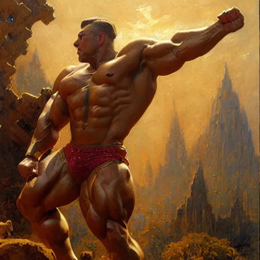 Prompt: stunning bodybuilder defeating metabo man, highly detailed painting by gaston bussiere, craig mullins, j. c. leyendecker, 8 k