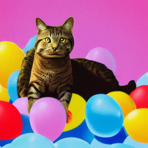 Image similar to a cat on top of a hill under a bunch of balloons, digital art by RHADS, shutterstock contest winner, digital art, behance hd, photoillustration, whimsical