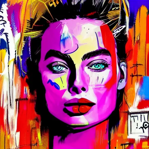 Prompt: a sketch, ultra detailed, fashion, magic, universe, beautiful woman, similar to margot robbie, crazy expression, huge volume hairstyle, beatiful colors, surreal city, in style of jean - michel basquiat, trending on artstation