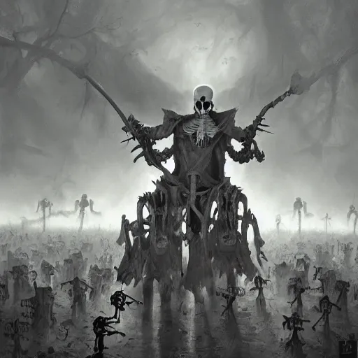 Image similar to a grim reaper, with a skeleton army, surrounded by magic, hd, by stefan koidl