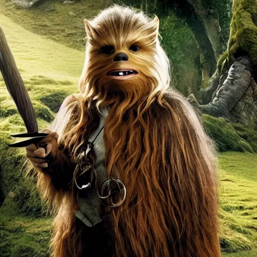 Image similar to promotional image of Chewbacca as Bilbo Baggins in The Hobbit: An Unexpected Journey (2012) directed by Peter Jackson, movie still, promotional image, imax 70 mm footage