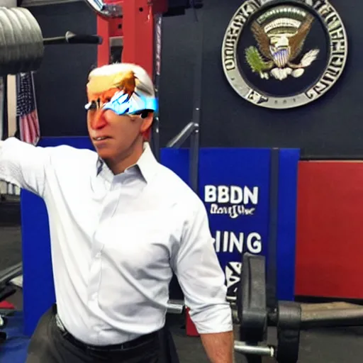 Image similar to joe biden being a bodybuilder doing weights, in the gym