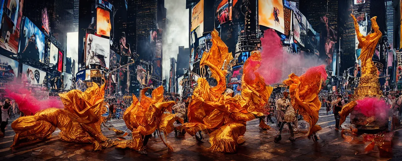 Image similar to 'Deamons unleashed in Times Square' by István Sándorfi royally decorated, whirling smoke, embers, gold adornements, gilt silk torn fabric, radiant colors, fantasy, perfect lighting, studio lit, volumetric lighting, micro details, 3d sculpture,