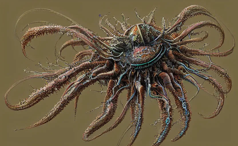 Image similar to sci - fi biomechanical, colored, unreal engine, fractal flame, monster character design, fantasy. intricate jellyfish crab eagle lizard biomechanical. by ernst haeckel