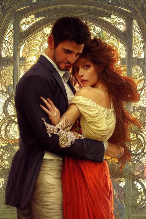 Image similar to portrait of a man in dhl van hugging his wife, feelings, romantic, fantasy, intricate, elegant, highly detailed, digital painting, artstation, concept art, smooth, sharp focus, illustration, art by artgerm and greg rutkowski and alphonse mucha