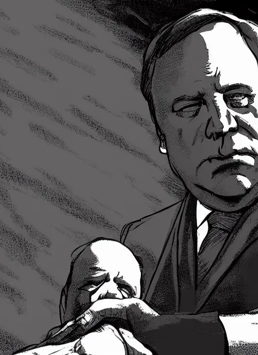 Image similar to sad alex jones surrounded in a dark murky room, highdetailed illustration