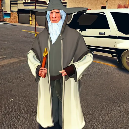 Prompt: Gandalf as a grand theft auto 5 character