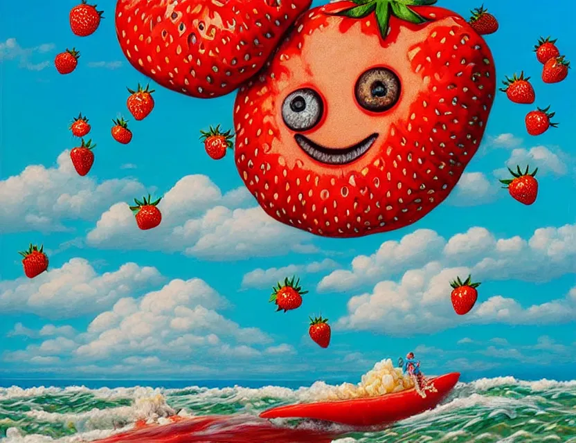 Image similar to a very detailed realistic oil painting with rough brush of a lazy red burned tomato with 1 0 googly eyes on a beach, big piles of strawberry icecream surfing into the sky, a sunset by james jean in japanese poster style